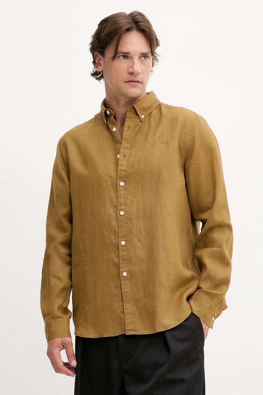 Les Deux cămașă de in Konrad culoarea verde, cu guler button-down, regular, 1000001