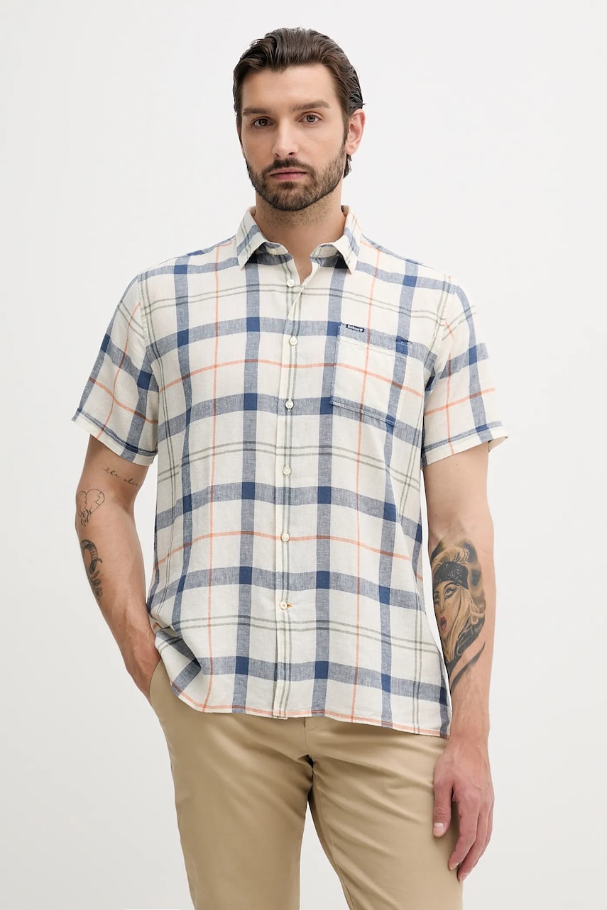 Levně Lněná košile Barbour CROFT pánská, modrá barva, regular, s klasickým límcem, MSH5197