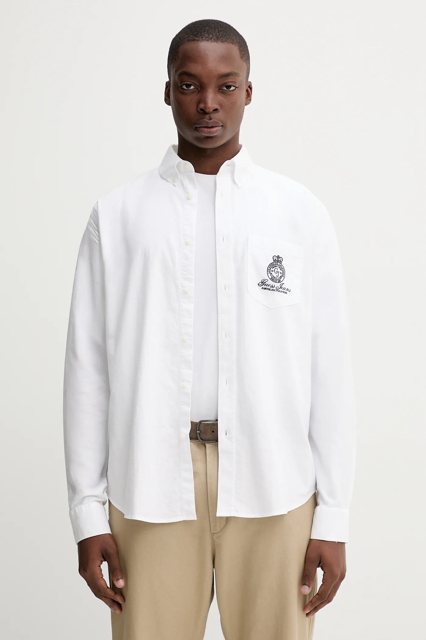 Levně Bavlněná košile Guess Jeans pánská, bílá barva, regular, s límečkem button-down, M5YH64 WHFK1