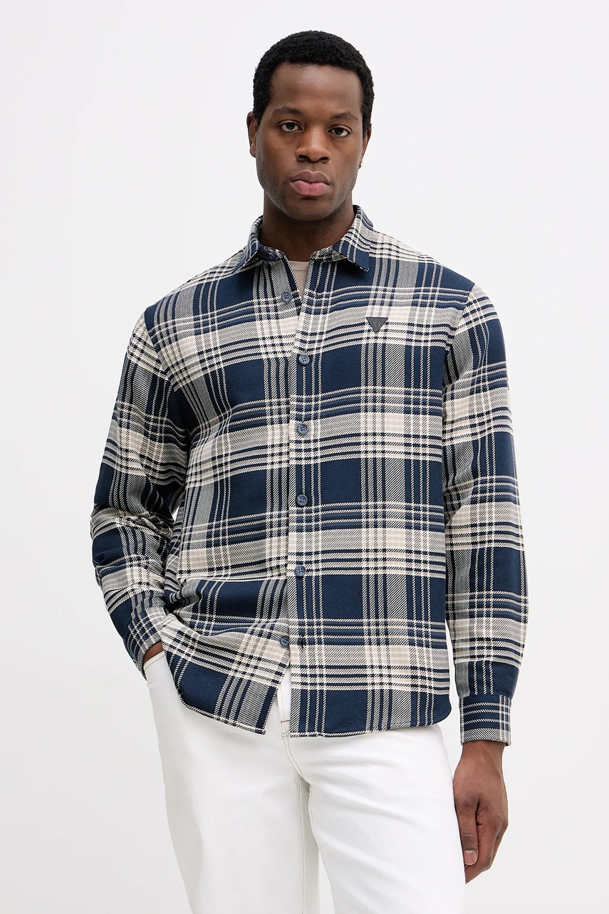 Košile Guess pánská, tmavomodrá barva, relaxed, s klasickým límcem, M5BH24 W1951