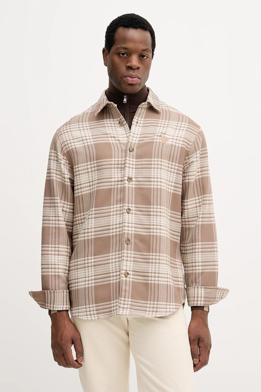 Levně Košile Guess pánská, béžová barva, relaxed, s klasickým límcem, M5BH24 W1951