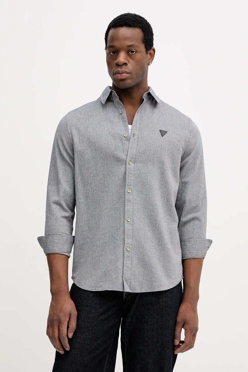 Levně Bavlněná košile Guess HERRINGBONE pánská, šedá barva, regular, s klasickým límcem, M5BH42 W2041