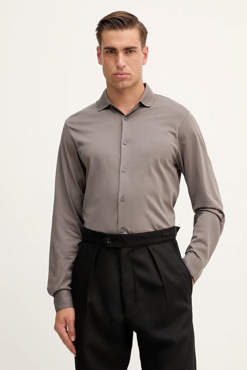 Levně Bavlněná košile Armani Exchange pánská, šedá barva, regular, s klasickým límcem, XM001370 AF10364