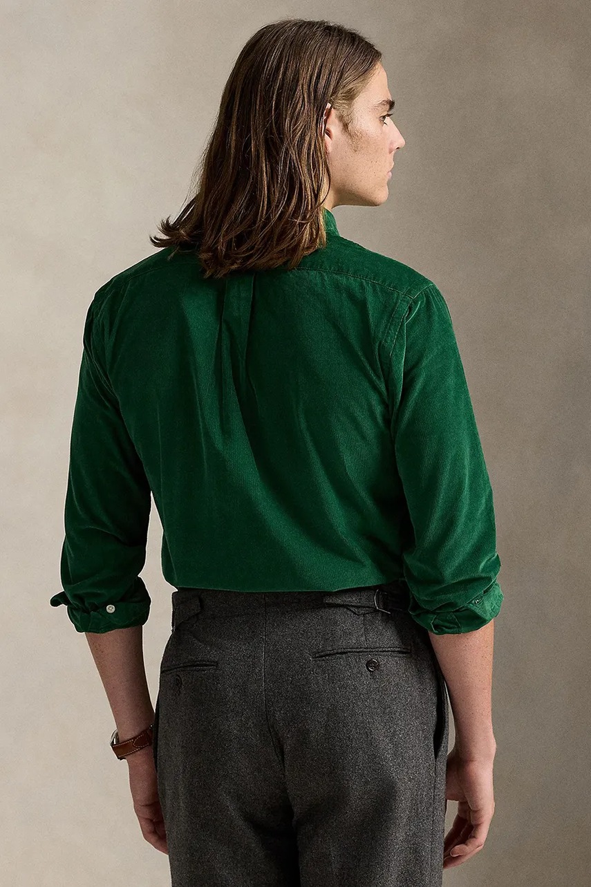 Вельветовая рубашка Polo Ralph Lauren цвет зелёный slim воротник button-down 710P00519