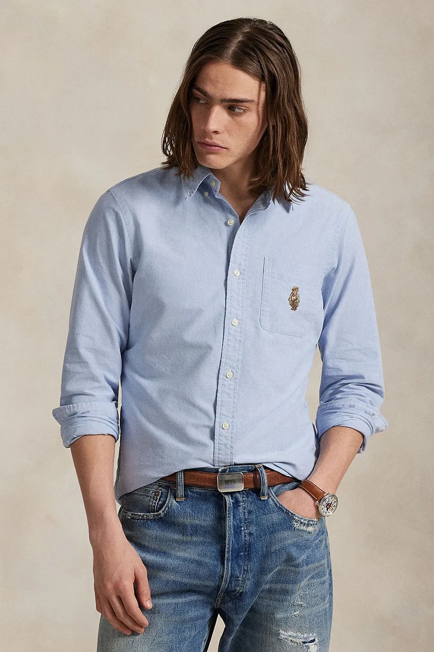 Levně Bavlněná košile Polo Ralph Lauren pánská, modrá barva, regular, s límečkem button-down, 710P00577