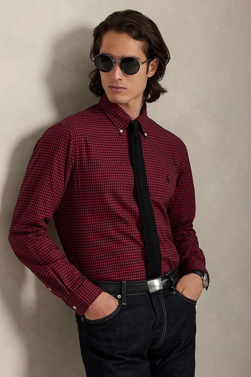 Levně Bavlněná košile Polo Ralph Lauren pánská, vínová barva, regular, s límečkem button-down, 710953644