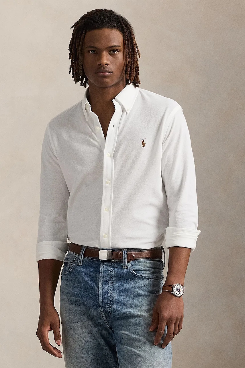 Levně Bavlněná košile Polo Ralph Lauren pánská, bílá barva, regular, s límečkem button-down, 710979488
