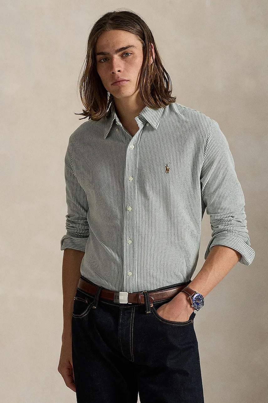 Levně Bavlněná košile Polo Ralph Lauren pánská, zelená barva, regular, s klasickým límcem, 710979489