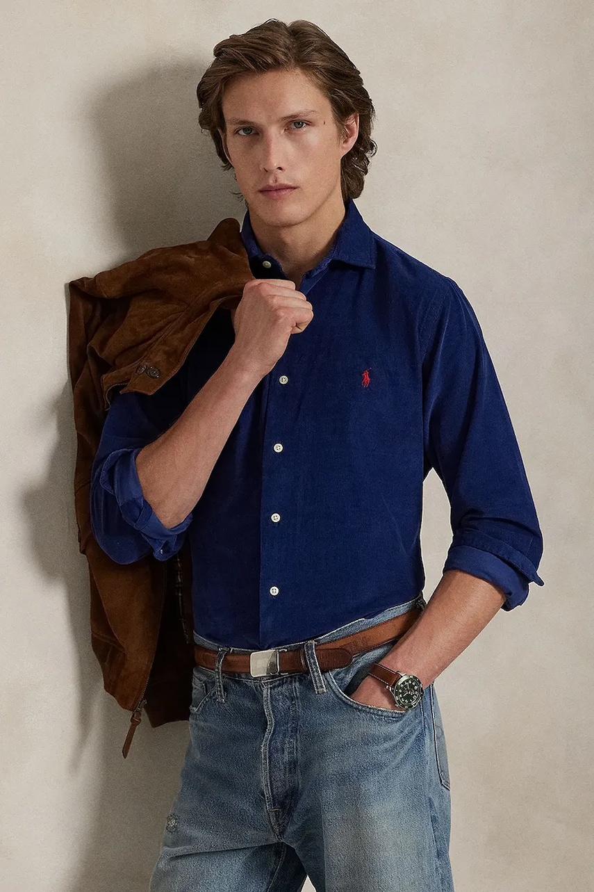 Levně Bavlněná košile Polo Ralph Lauren pánská, tmavomodrá barva, regular, s italským límcem, 710P00518