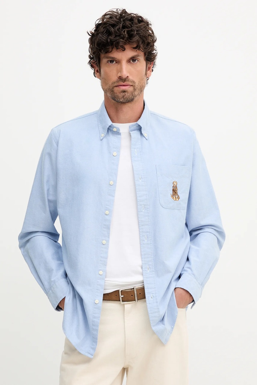 Levně Bavlněná košile Polo Ralph Lauren pánská, modrá barva, regular, s límečkem button-down, 710P00526
