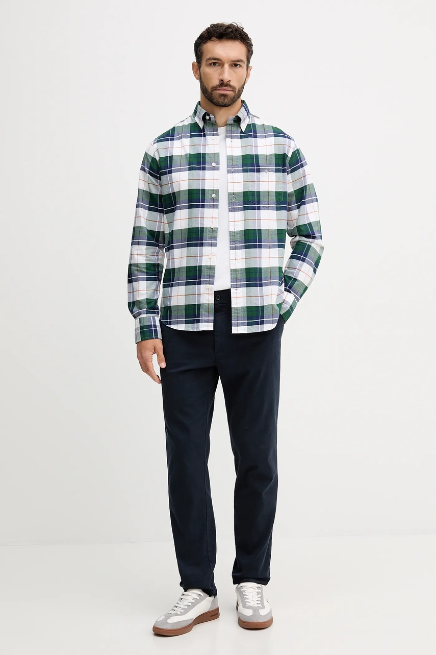 Хлопковая рубашка Gant цвет зелёный regular классический воротник 3250147