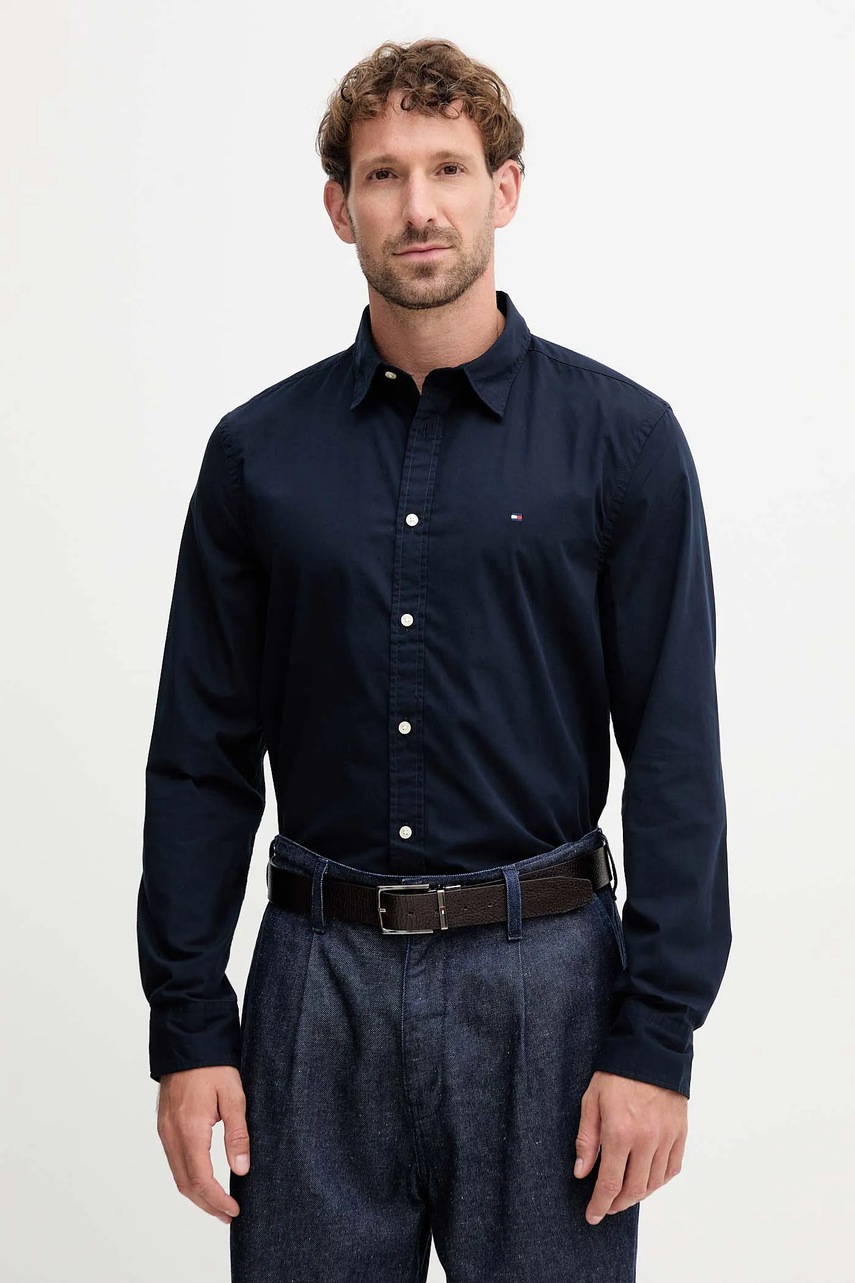 Levně Bavlněná košile Tommy Hilfiger pánská, tmavomodrá barva, slim, s klasickým límcem, MW0MW40460