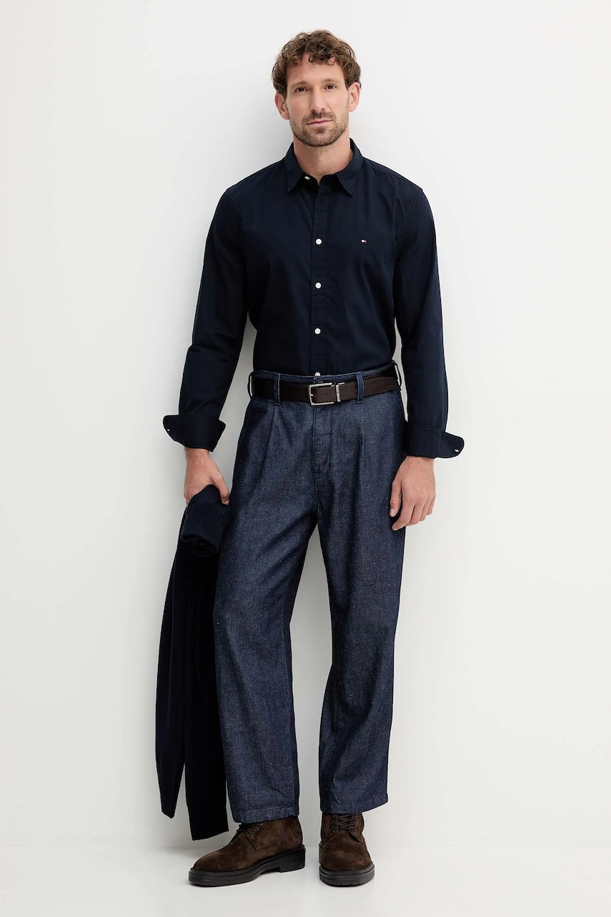 Хлопковая рубашка Tommy Hilfiger цвет синий slim классический воротник MW0MW40460 Хлопковая рубашка Tommy Hilfiger цвет синий slim классический воротник MW0MW40460