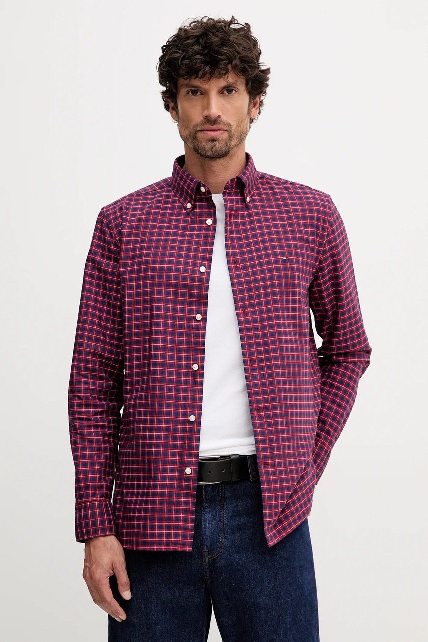 Levně Bavlněná košile Tommy Hilfiger pánská, červená barva, regular, s límečkem button-down, MW0MW40467