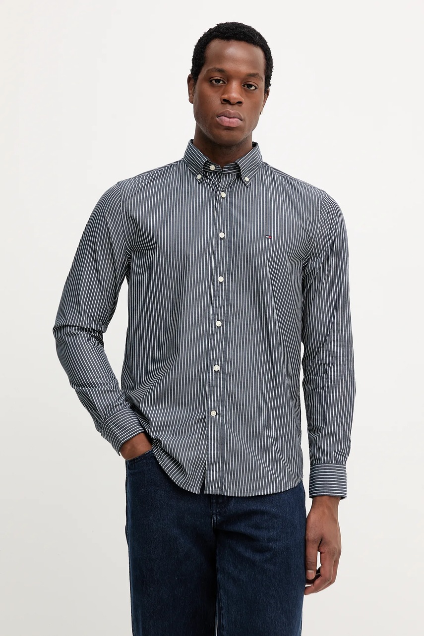 Levně Bavlněná košile Tommy Hilfiger pánská, černá barva, regular, s límečkem button-down, MW0MW41399