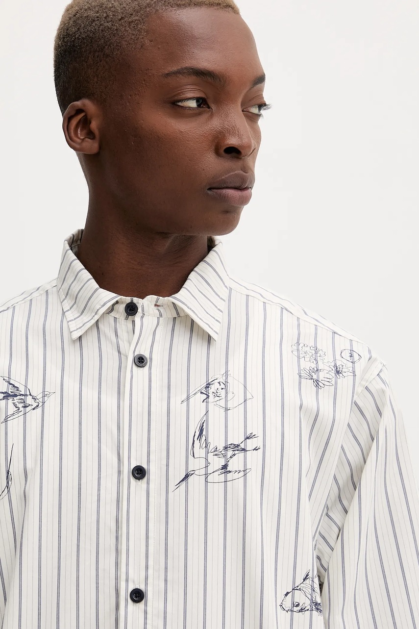 Βαμβακερό πουκάμισο Desigual STRIPES PRINTED ανδρικό, χρώμα: μπεζ, 25WMCW36 φωτογραφία