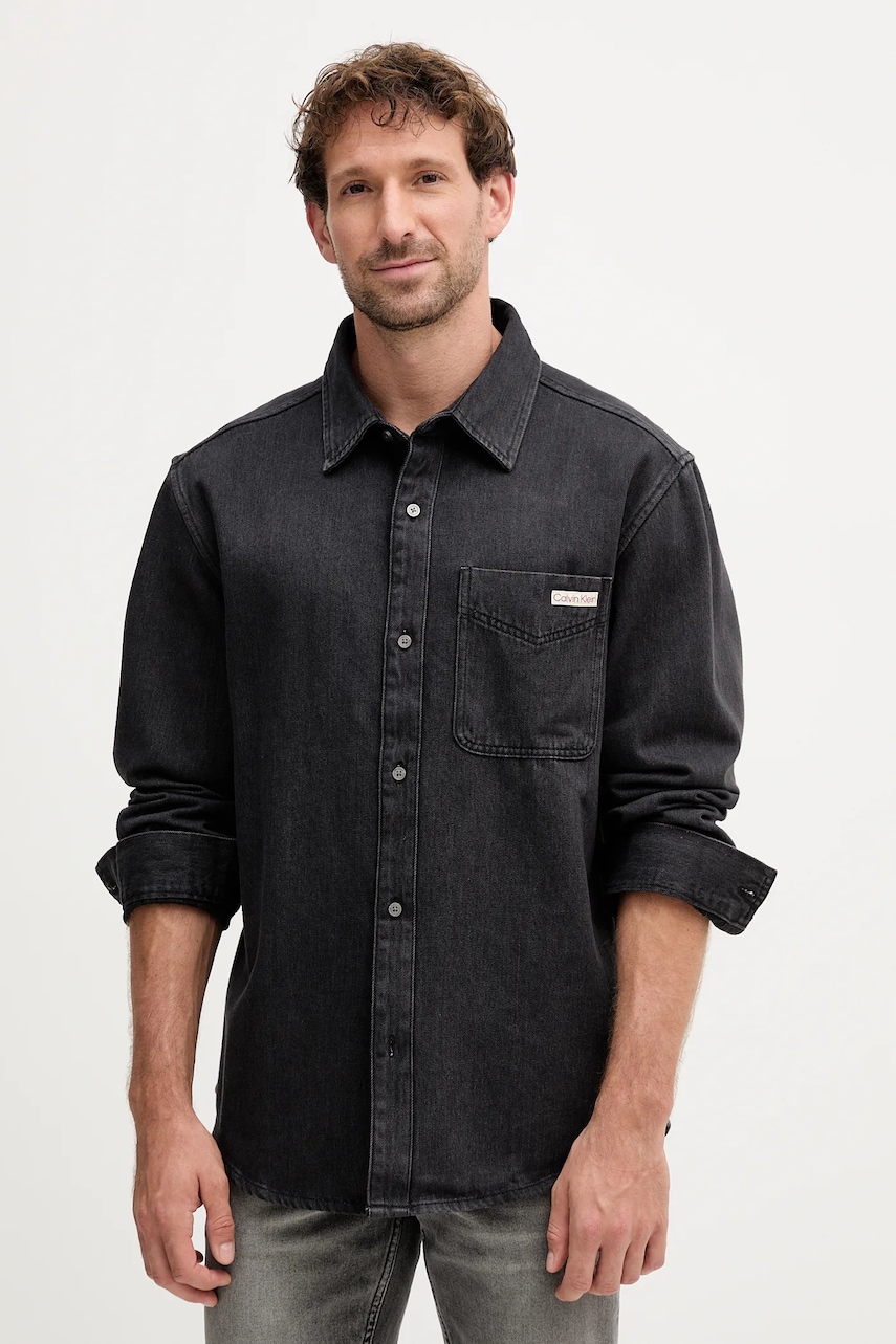 Levně Džínová košile Calvin Klein Jeans pánská, černá barva, regular, s klasickým límcem, LV04RD765G