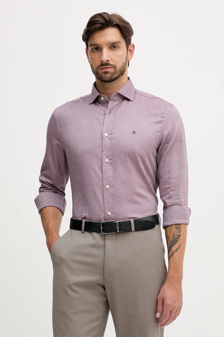 Levně Bavlněná košile Tommy Hilfiger pánská, vínová barva, regular, s italským límcem, MW0MW40461