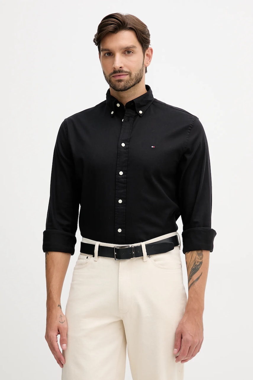 Levně Košile Tommy Hilfiger pánská, černá barva, regular, s límečkem button-down, MW0MW40469