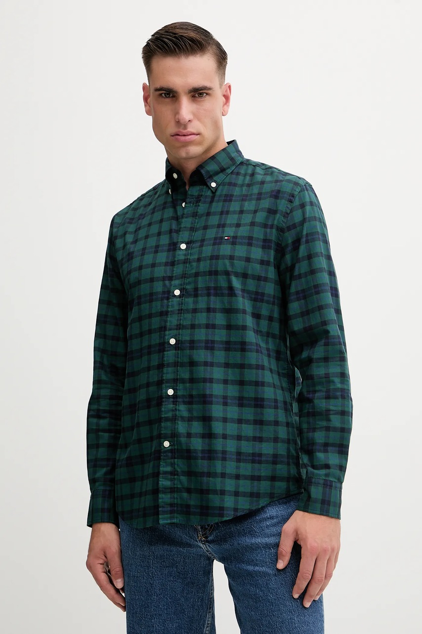 Levně Bavlněná košile Tommy Hilfiger pánská, zelená barva, regular, s límečkem button-down, MW0MW41493