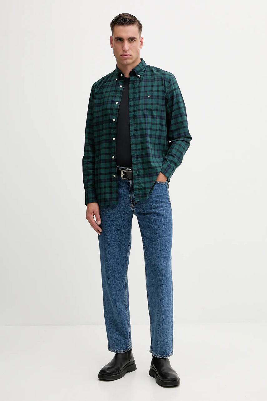 Хлопковая рубашка Tommy Hilfiger цвет зелёный regular воротник button-down MW0MW41493