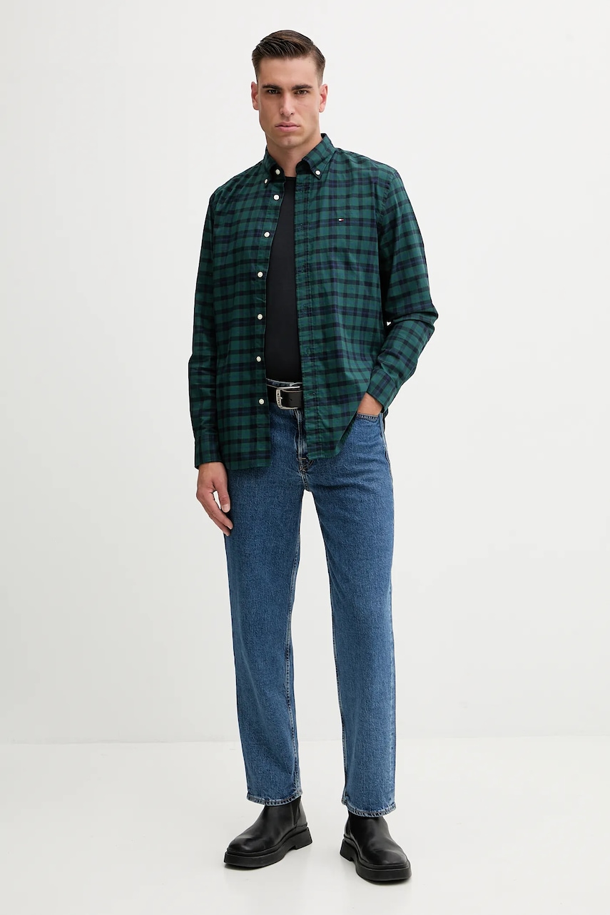 Хлопковая рубашка Tommy Hilfiger цвет зелёный regular воротник button-down MW0MW41493 Хлопковая рубашка Tommy Hilfiger цвет зелёный regular воротник button-down MW0MW41493
