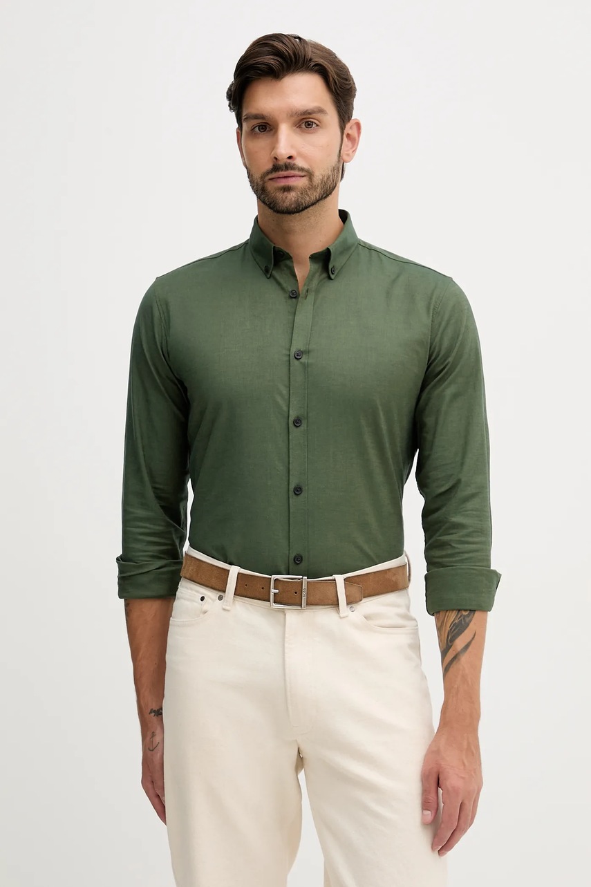 Levně Košile Lindbergh pánská, zelená barva, slim, s límečkem button-down, 30-203174