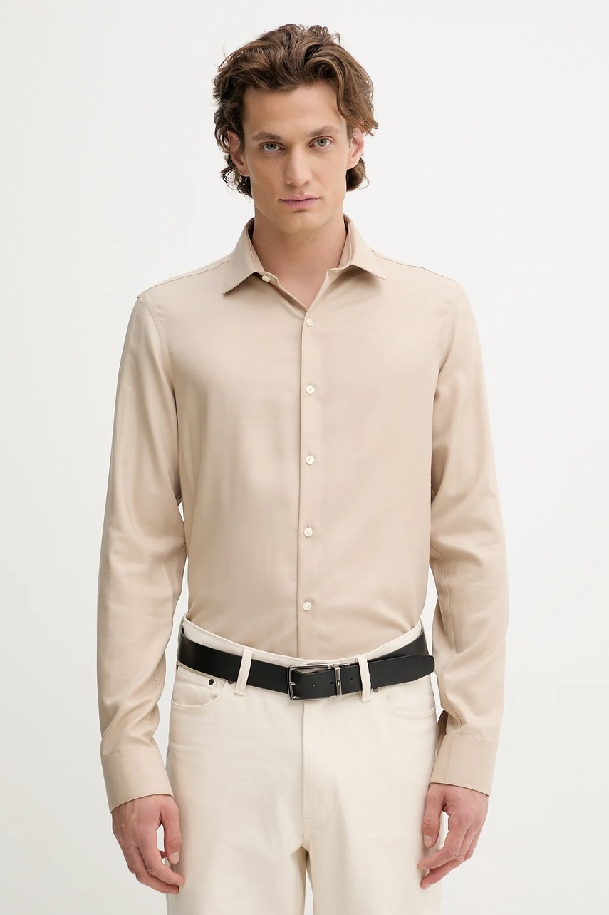 Levně Vlněná košile Calvin Klein pánská, hnědá barva, slim, s klasickým límcem, LV019EU066