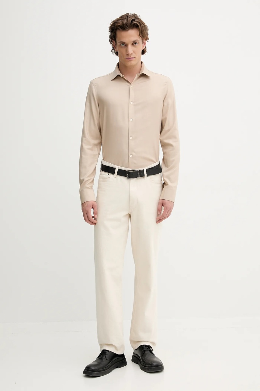 Рубашка с шерстью Calvin Klein цвет коричневый slim классический воротник LV019EU066