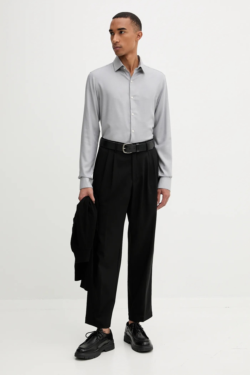 Рубашка с шерстью Calvin Klein цвет серый slim классический воротник LV019EU066