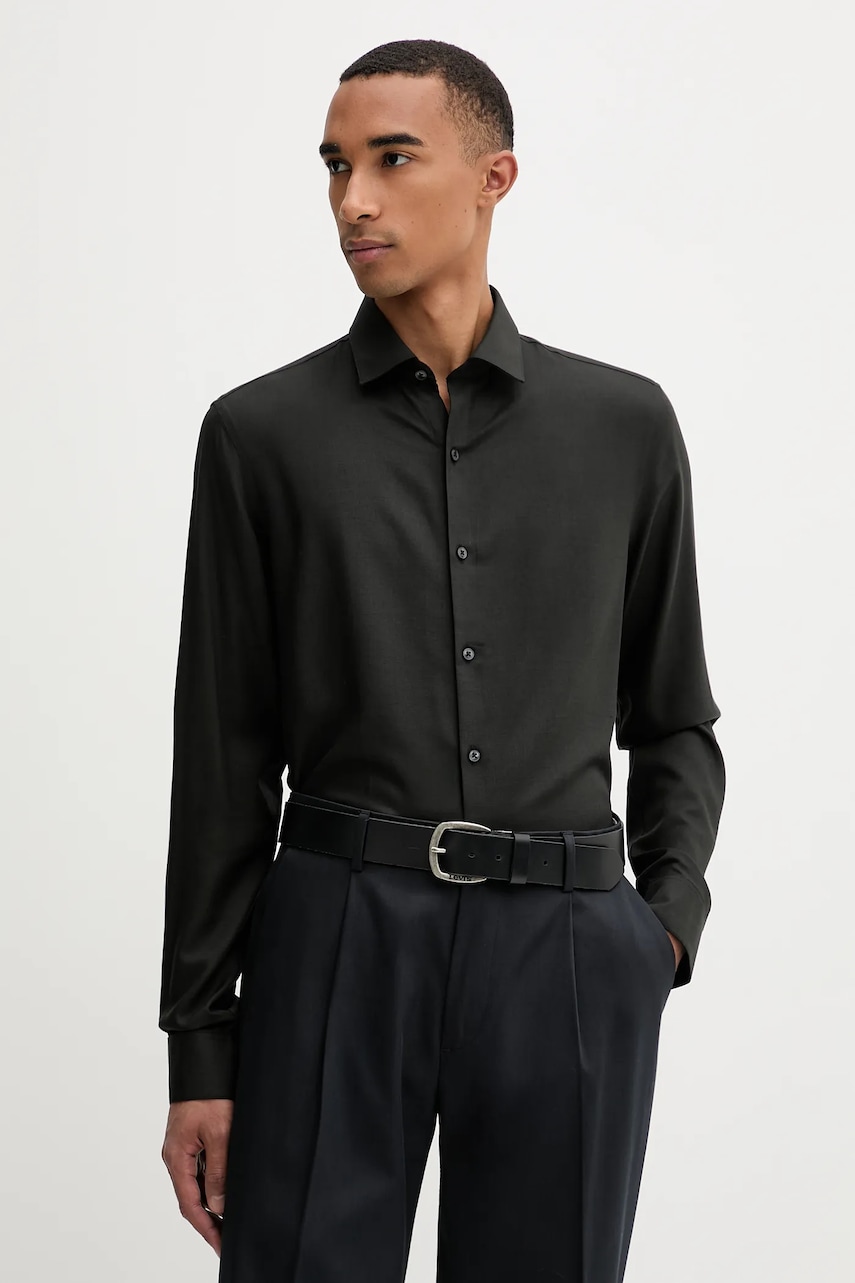 Levně Vlněná košile Calvin Klein pánská, černá barva, slim, s klasickým límcem, LV019EU066
