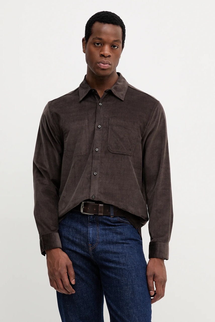 Levně Manšestrová košile Calvin Klein Jeans pánská, hnědá barva, regular, s klasickým límcem, LV04LD125G