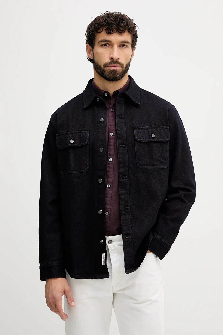 Levně Džínová košile Calvin Klein Jeans pánská, tmavomodrá barva, relaxed, s klasickým límcem, LV04RD744G