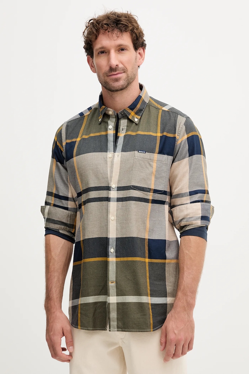 Levně Bavlněná košile Barbour DUNOON pánská, zelená barva, regular, s límečkem button-down, MSH4980