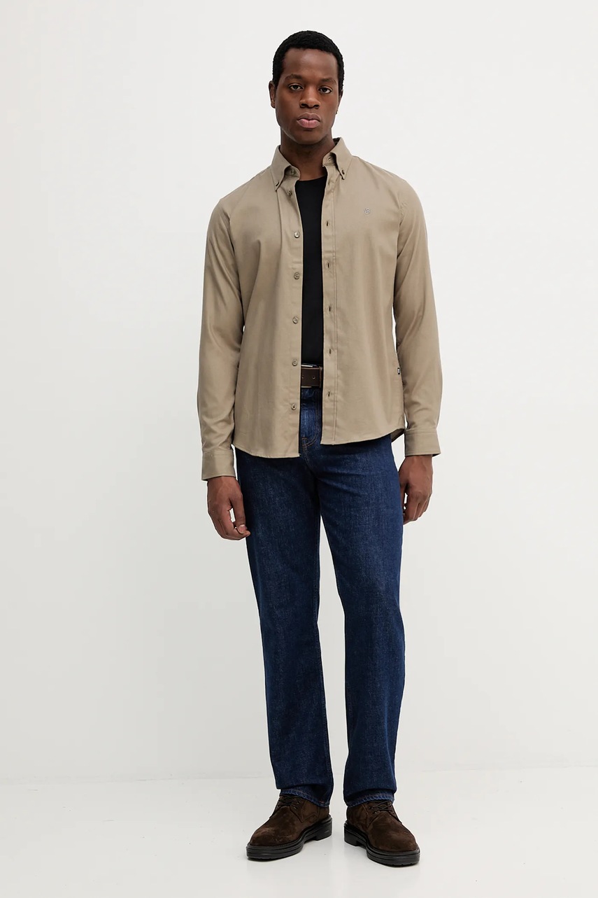 Хлопковая рубашка BOSS цвет зелёный slim воротник button-down 50550583