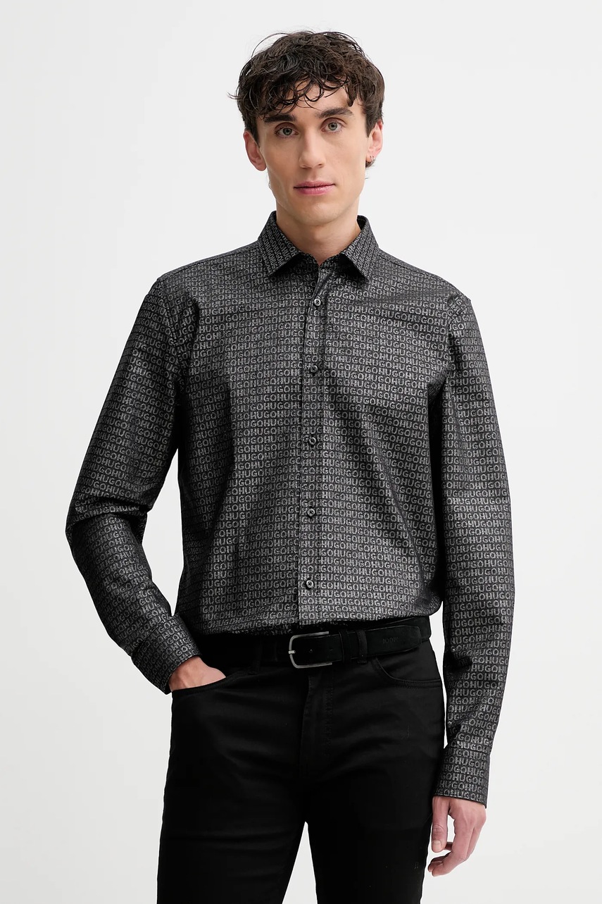 Levně Košile HUGO pánská, černá barva, slim, s klasickým límcem, 50524846