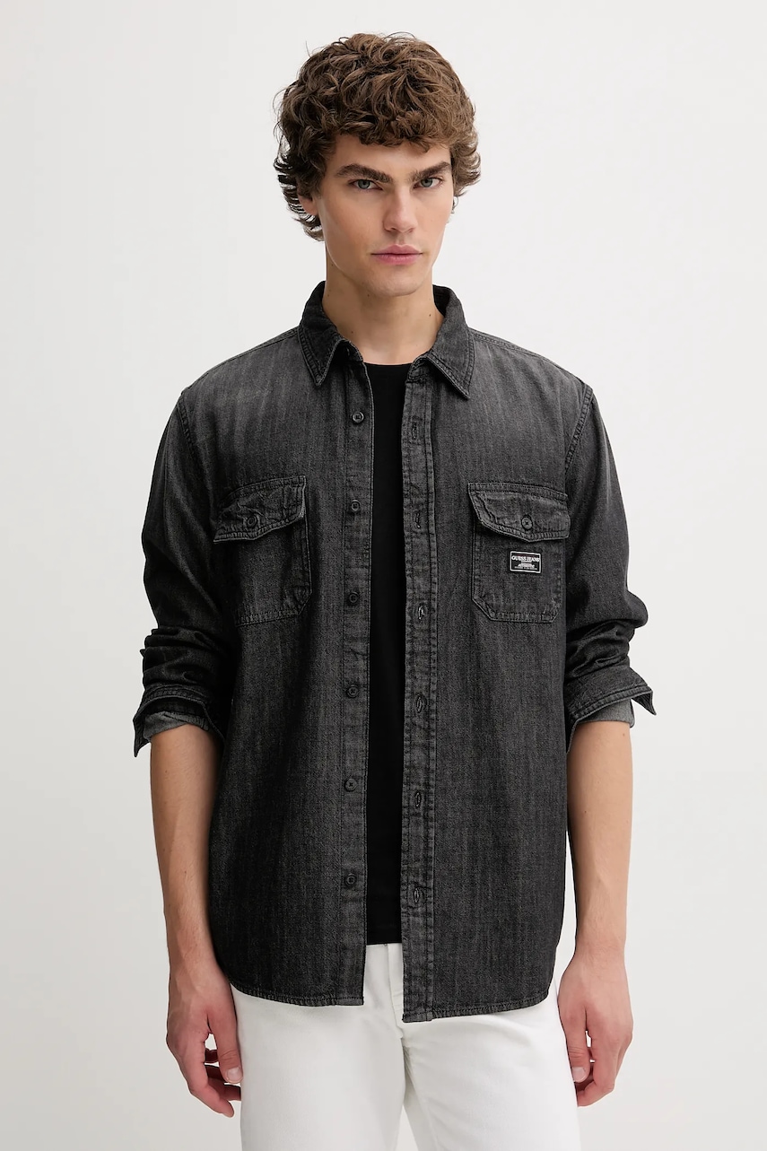 Levně Džínová košile Guess Jeans pánská, šedá barva, regular, s klasickým límcem, M5BH56 D5M92