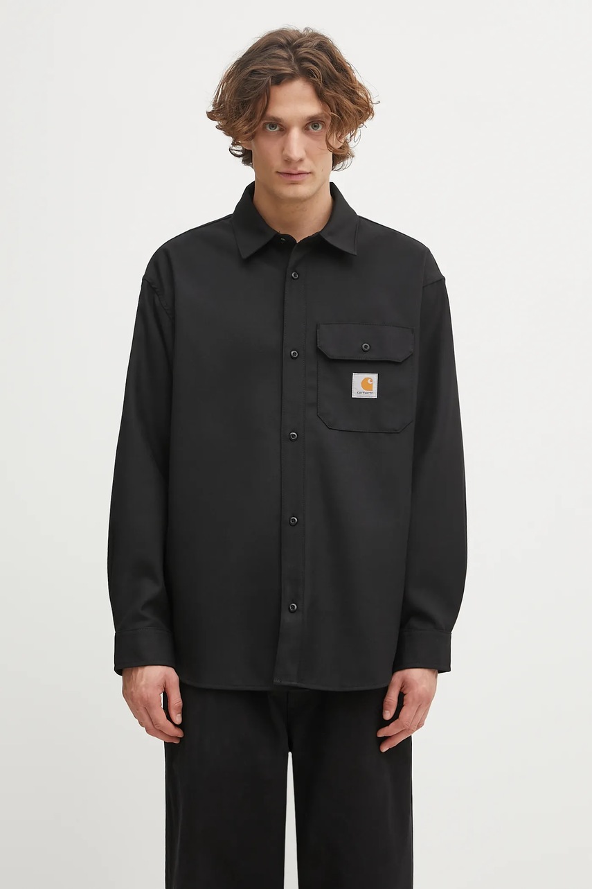 Košile s příměsí vlny Carhartt WIP L/S Ray Shirt černá barva, relaxed, s klasickým límcem, I035626.8901