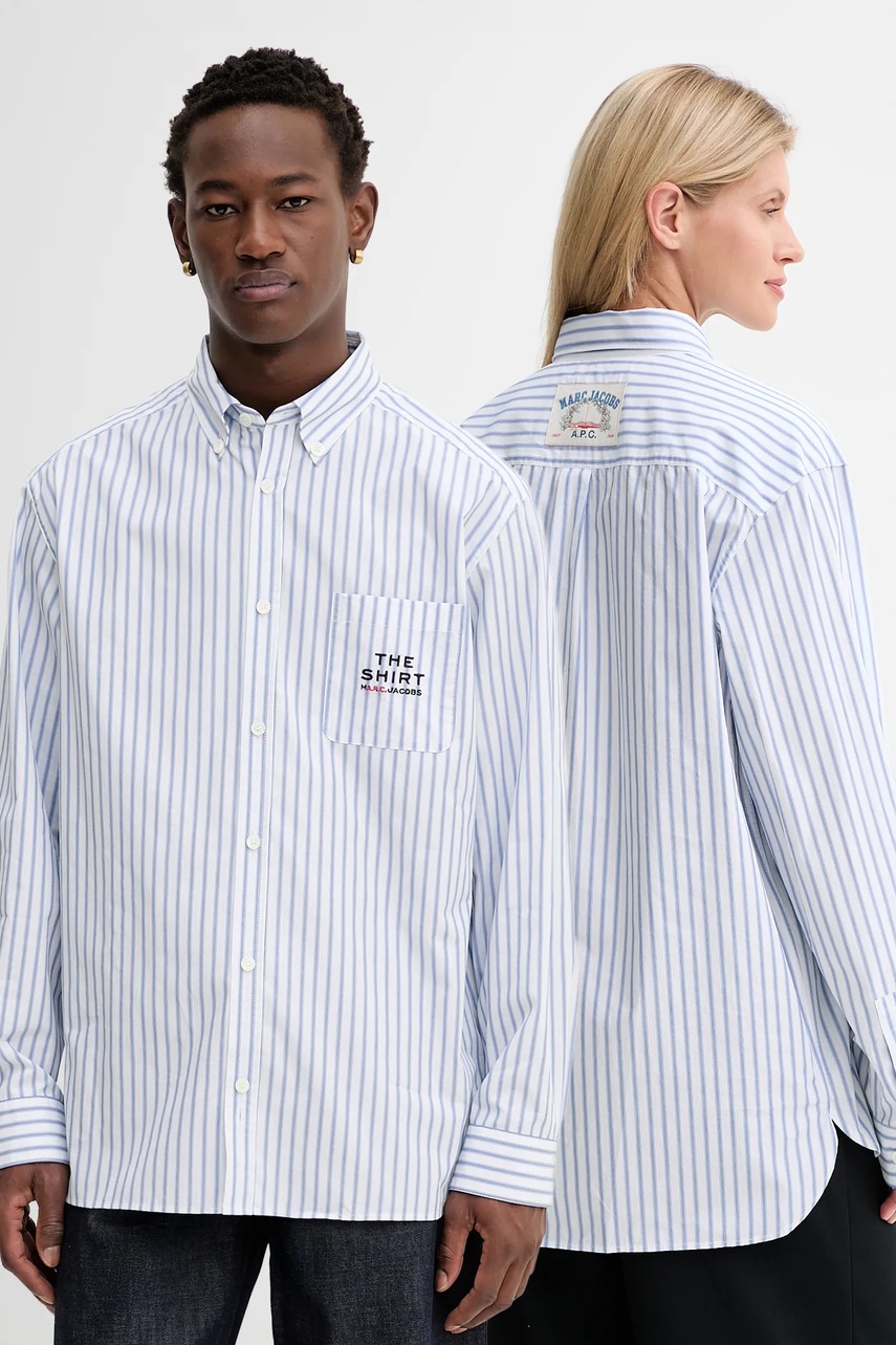 Levně Bavlněná košile A.P.C. A.P.C. x MARC JACOBS modrá barva, relaxed, s límečkem button-down, COHKN.M12640