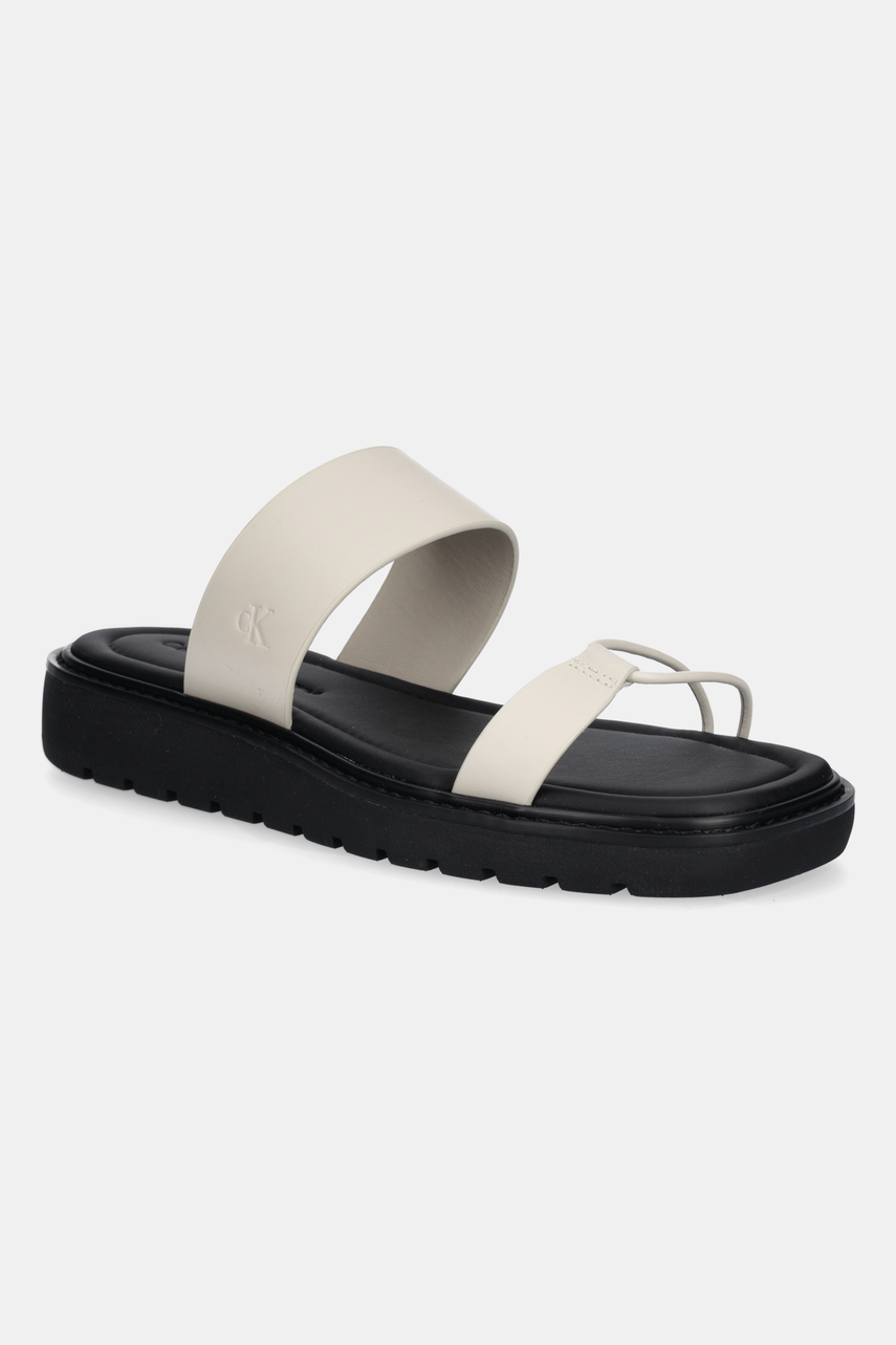 Levně Kožené pantofle Calvin Klein Jeans ROPE SANDAL SOFT LTH MG dámské, béžová barva, YW0YW01864