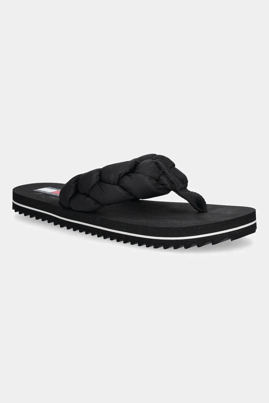 Tommy Jeans slapi BRAIDED THONG BEACH SANDAL culoarea negru, cu toc plat, EN0EN02877
