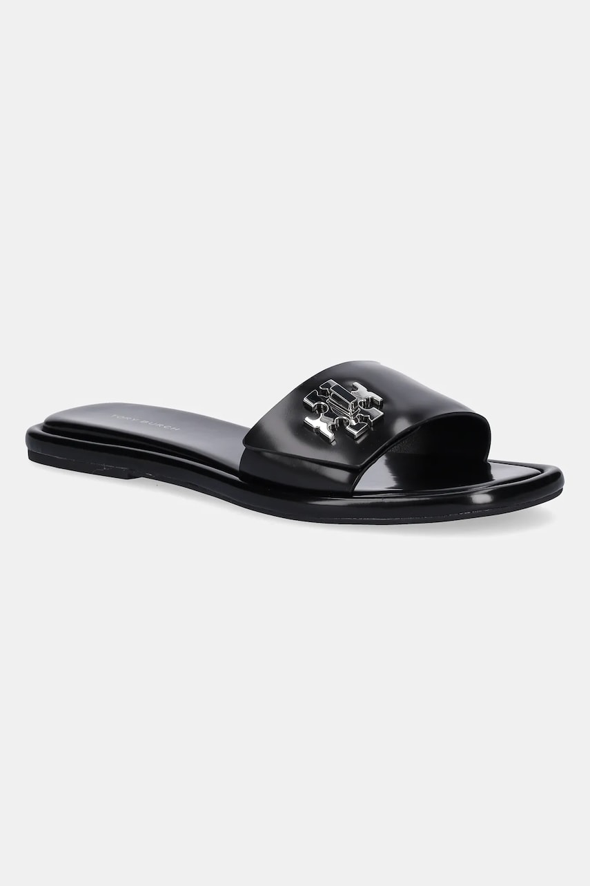 Tory Burch papuci de piele T Lock Slide culoarea negru, 164676-006
