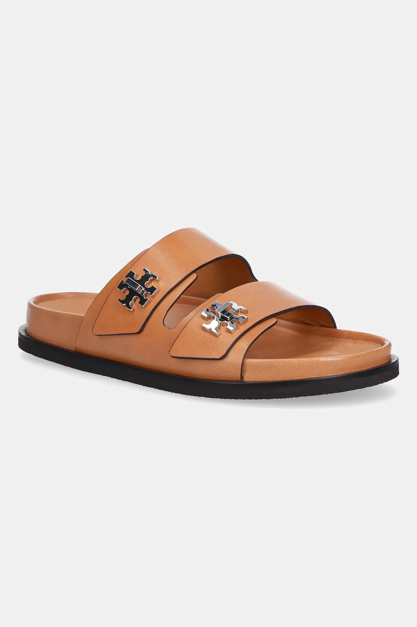 Tory Burch șlapi de piele T Lock Sport Slide culoarea maro, 166905-250