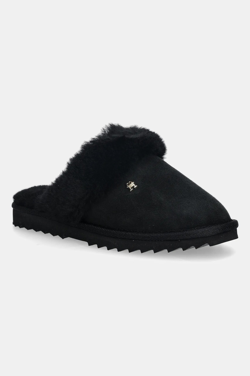 Levně Kožené papuče Tommy Hilfiger TH SHEARLING HOUSE SHOE černá barva, FW0FW09063
