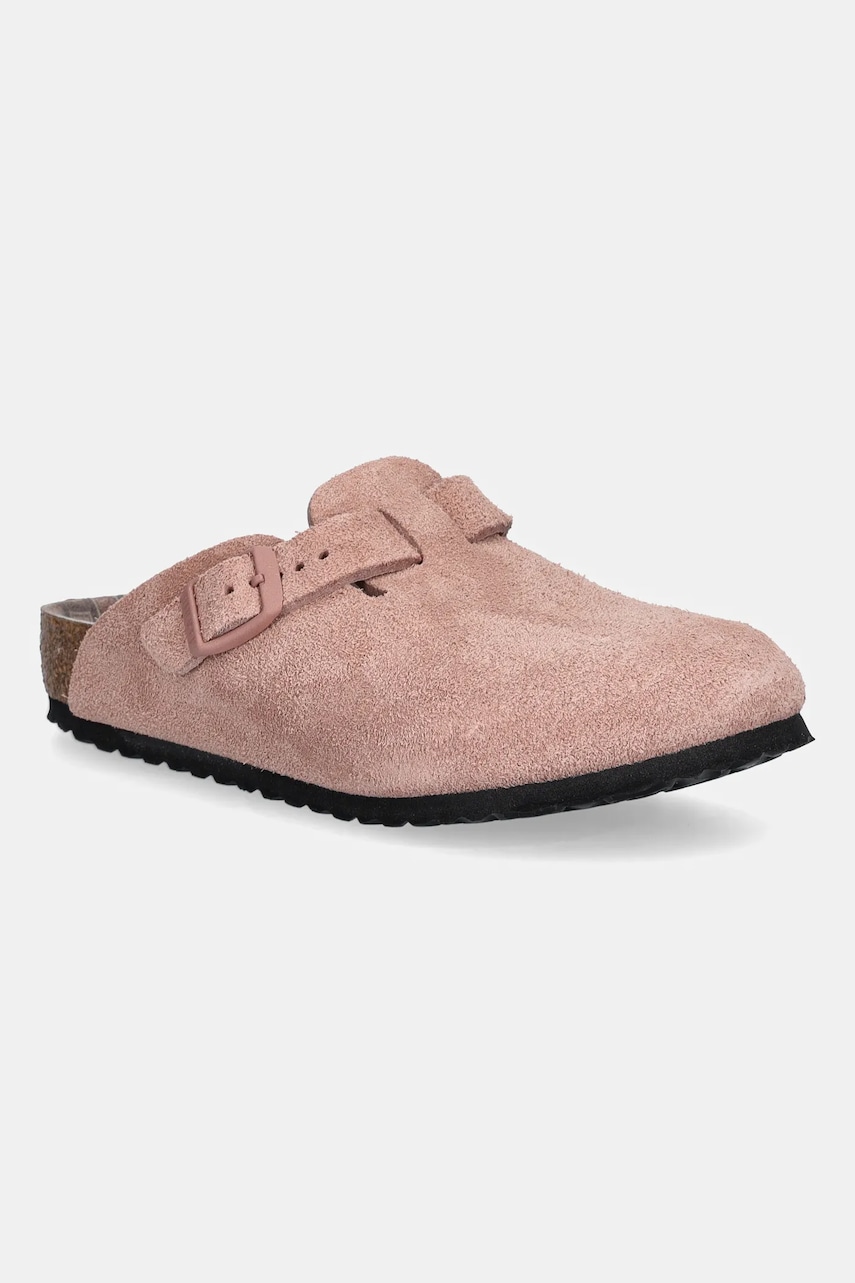 Birkenstock papuci din piele întoarsă pentru copii Boston culoarea roz, 1030464