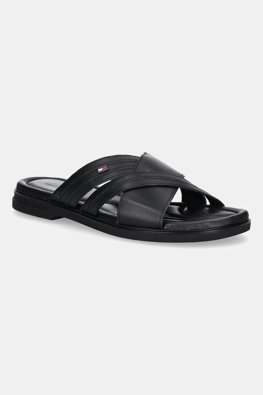 Levně Kožené pantofle Tommy Hilfiger PREMIUM TH CC LTH SANDAL pánské, černá barva, FM0FM05504