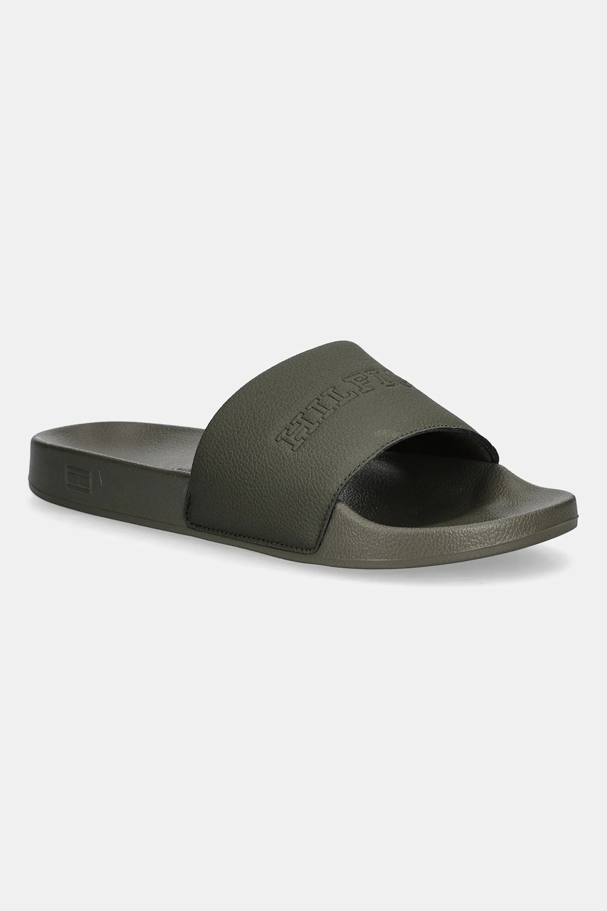 Levně Pantofle Tommy Hilfiger TUMBLE HILFIGER POOL SLIDE pánské, zelená barva, FM0FM05619