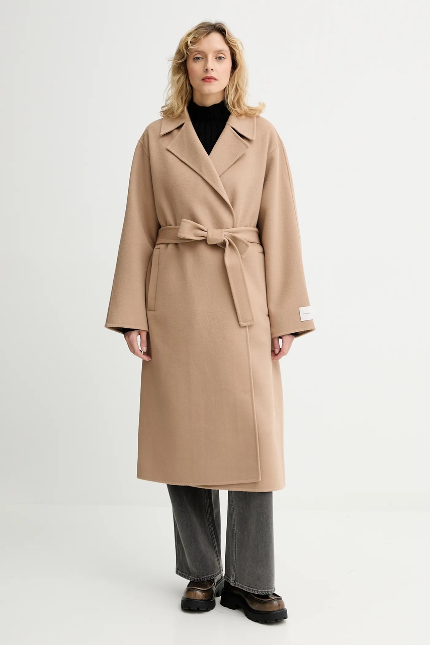 Levně Kabát s příměsí vlny Calvin Klein béžová barva, LV040WL571