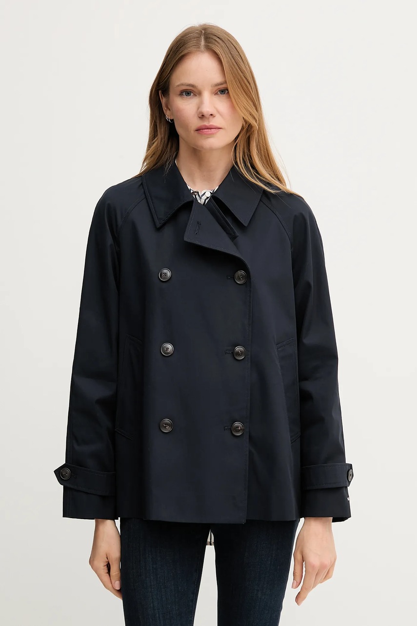 Levně Bavlněný trenčkot Tommy Hilfiger tmavomodrá barva, dvouřadový, WW0WW45618