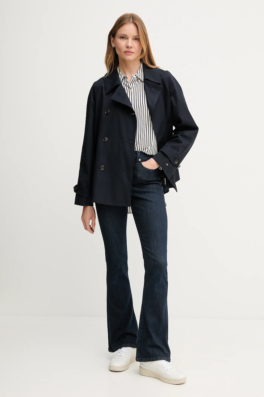 Хлопковый тренч Tommy Hilfiger цвет синий демисезонный двубортный WW0WW45618 Хлопковый тренч Tommy Hilfiger цвет синий демисезонный двубортный WW0WW45618